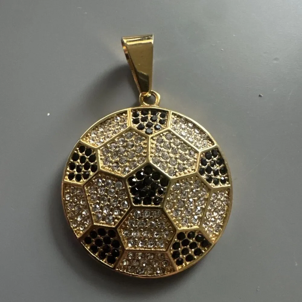 Stainless Steel Soccer Football Pendant 24” Chain World Cup Gold Cubic Zirconia